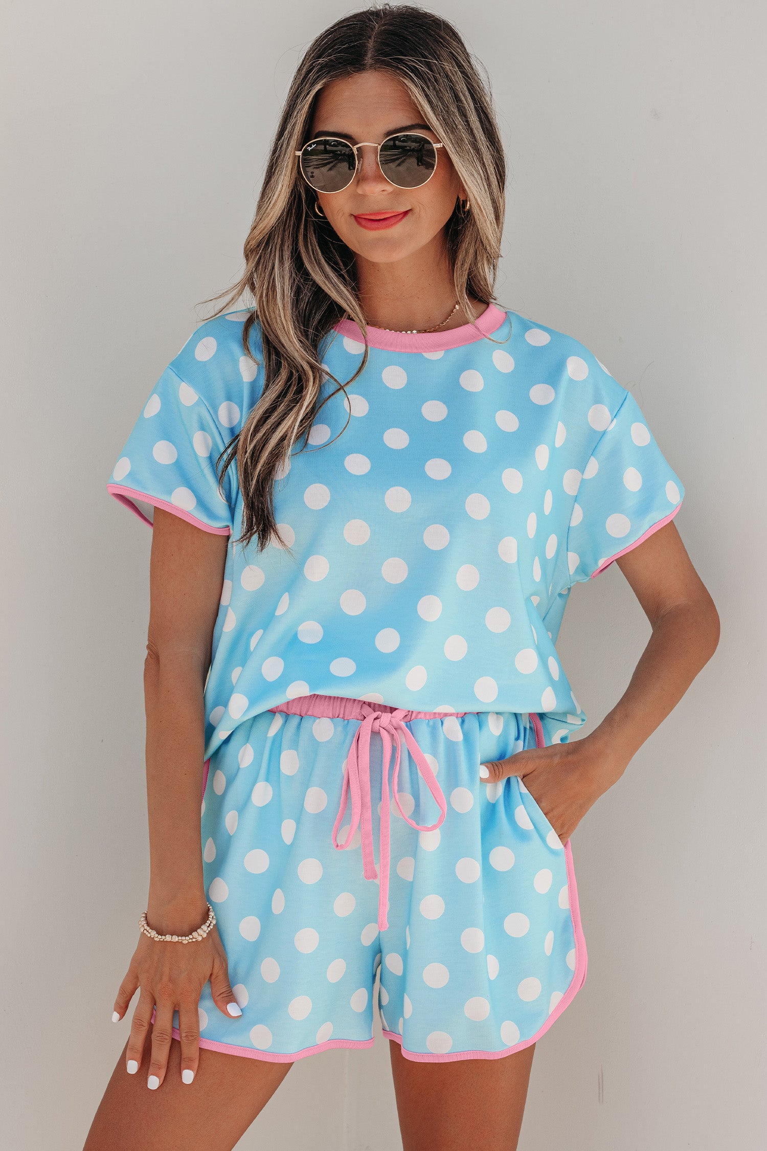 “She’s a preppy gal” Blue/Pink Polka Dot Casual Tee & Short Set