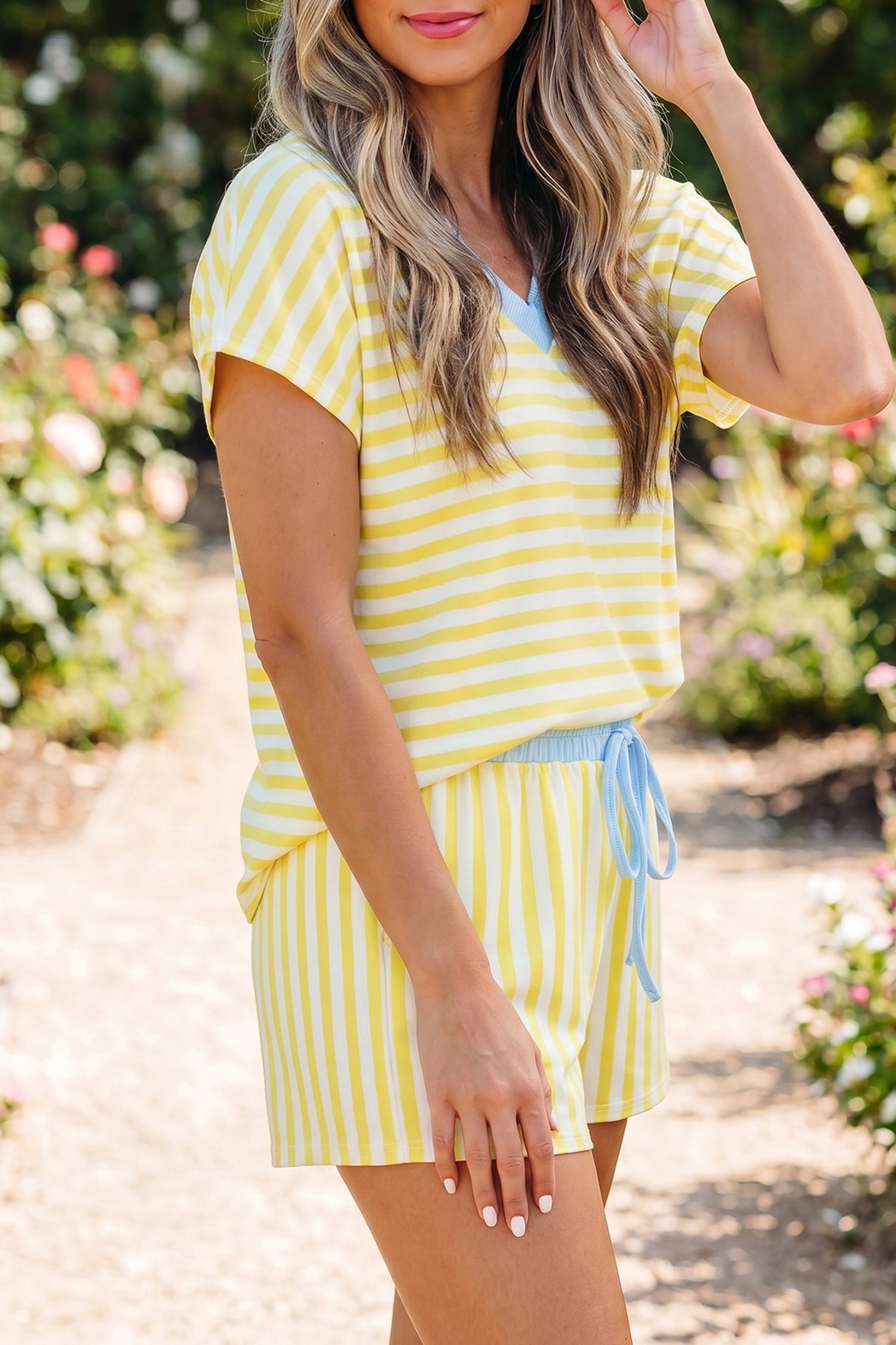 “Sun’s Out!” Yellow Stripe V Neck Tee & Drawstring Elastic Waist Shorts Set