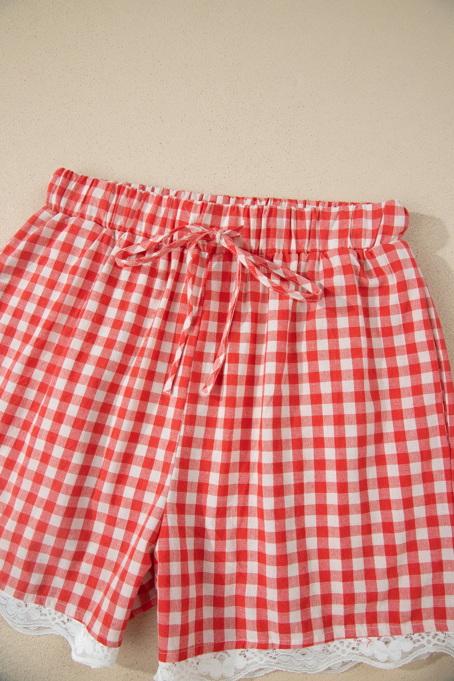 “Molly” Red Gingham & Lace Casual Shorts