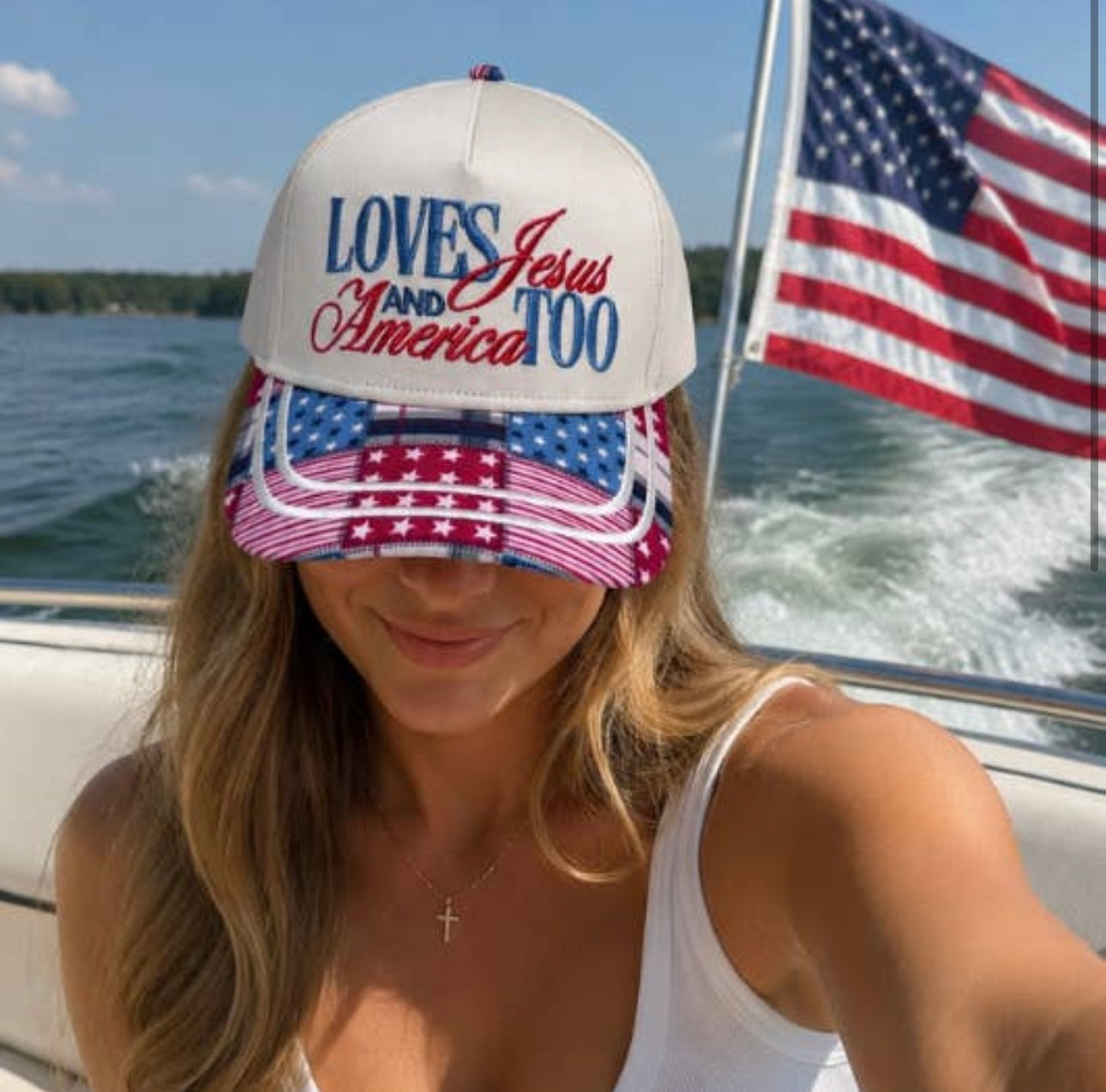 “loves Jesus and America too” trucker hat
