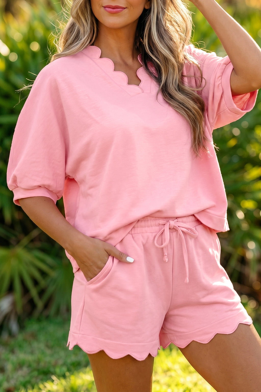 “Paisley” 2 Piece Set. Pink Scalloped V Neck Tee & Oversized Drawstring Shorts