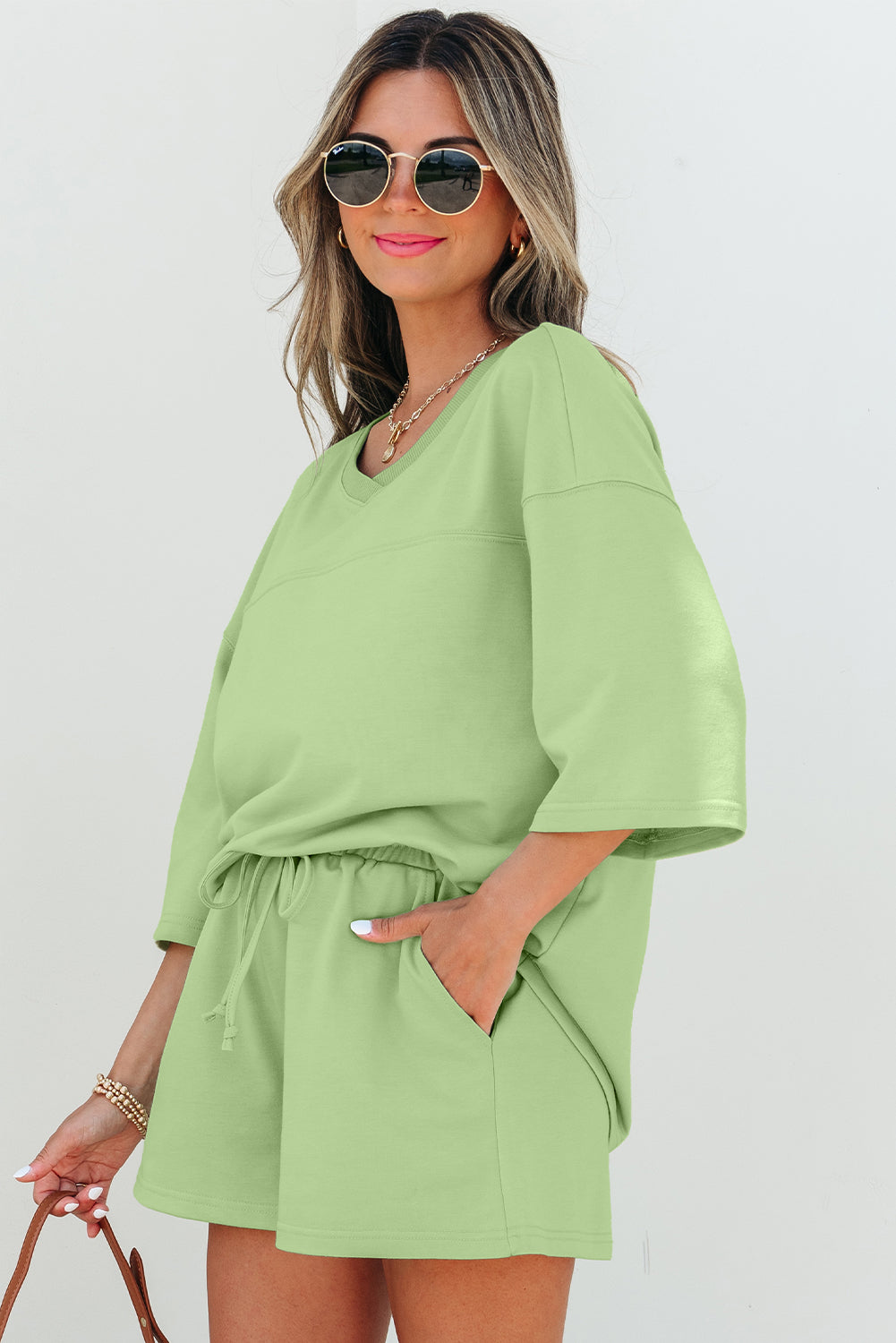 “Larissa” Set. Loose V Neck Half Sleeve Oversized Tee & Shorts
