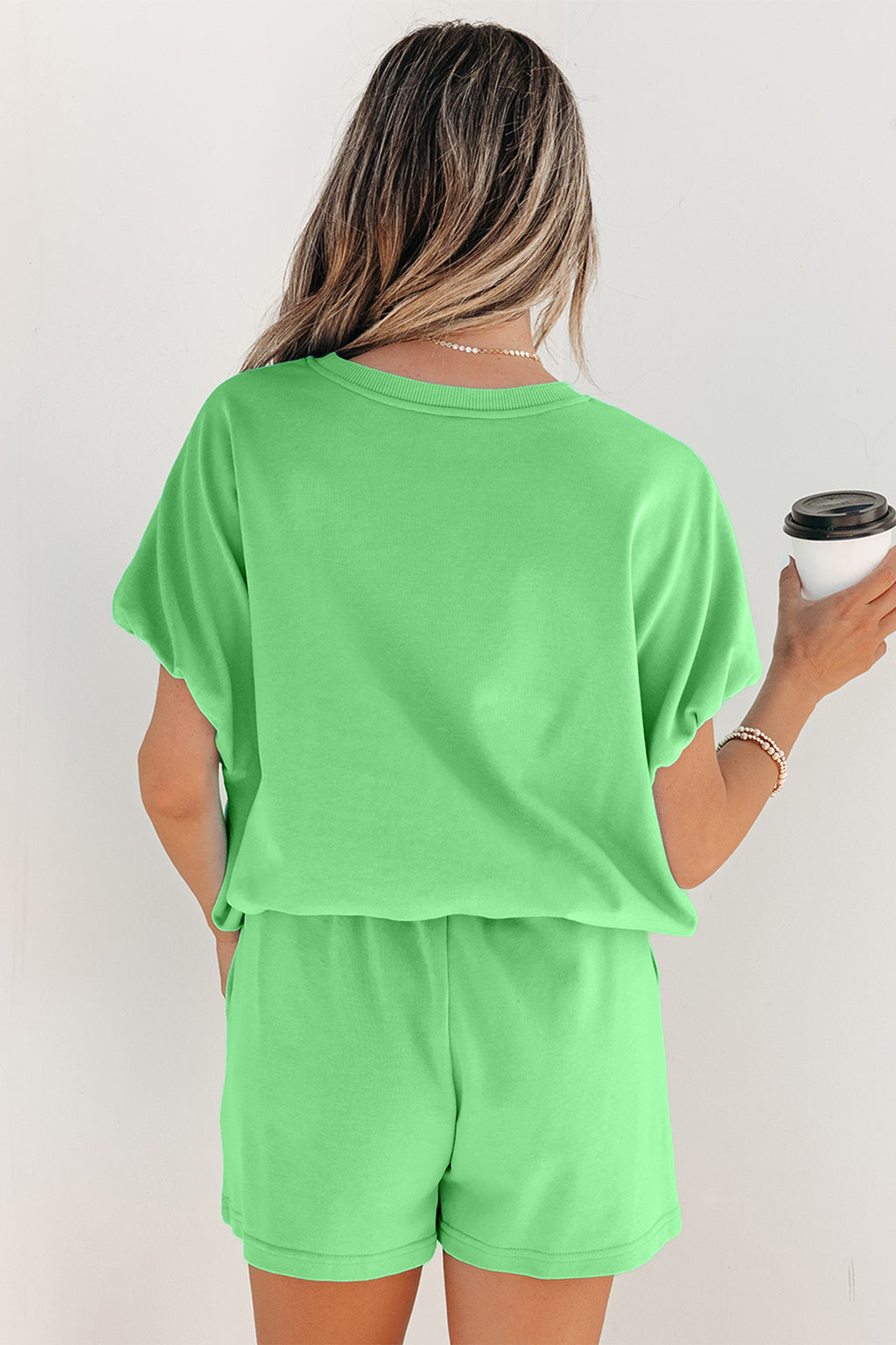 “Brunch on me!” Solid Color Bubble Loose Top & Drawstring Shorts 2pcs Outfit