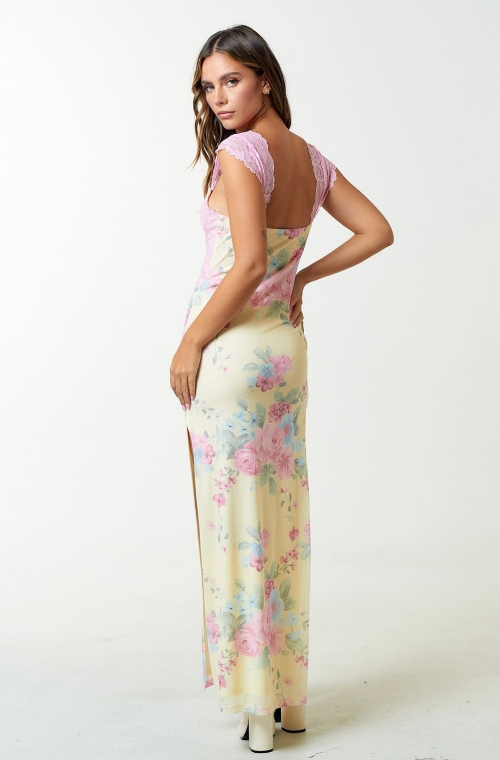 “Alexis” mesh floral print lace detail side slit maxi dress. PRE-ORDER. Ships June 5th!