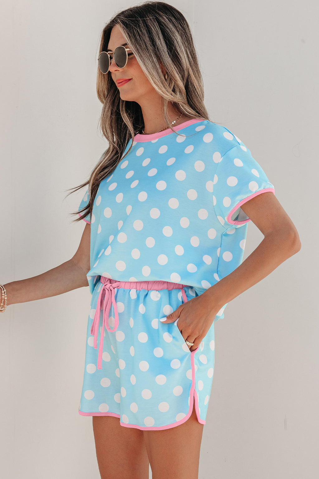 “She’s a preppy gal” Blue/Pink Polka Dot Casual Tee & Short Set
