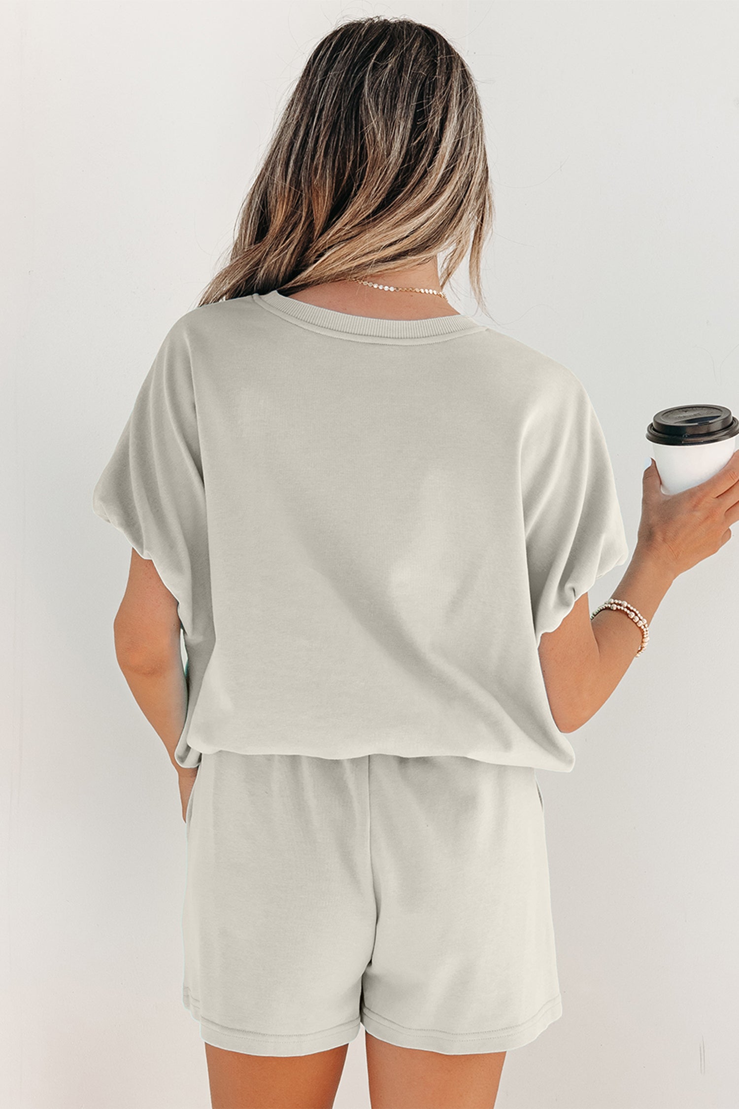 “Brunch on me!” Solid Color Bubble Loose Top & Drawstring Shorts 2pcs Outfit