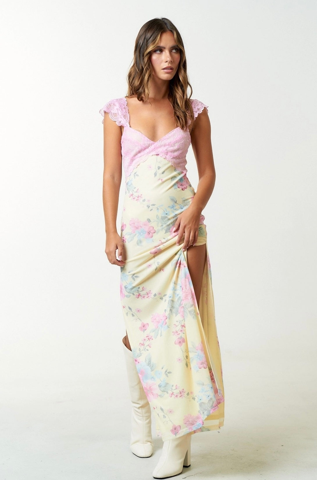“Alexis” mesh floral print lace detail side slit maxi dress. PRE-ORDER. Ships June 5th!
