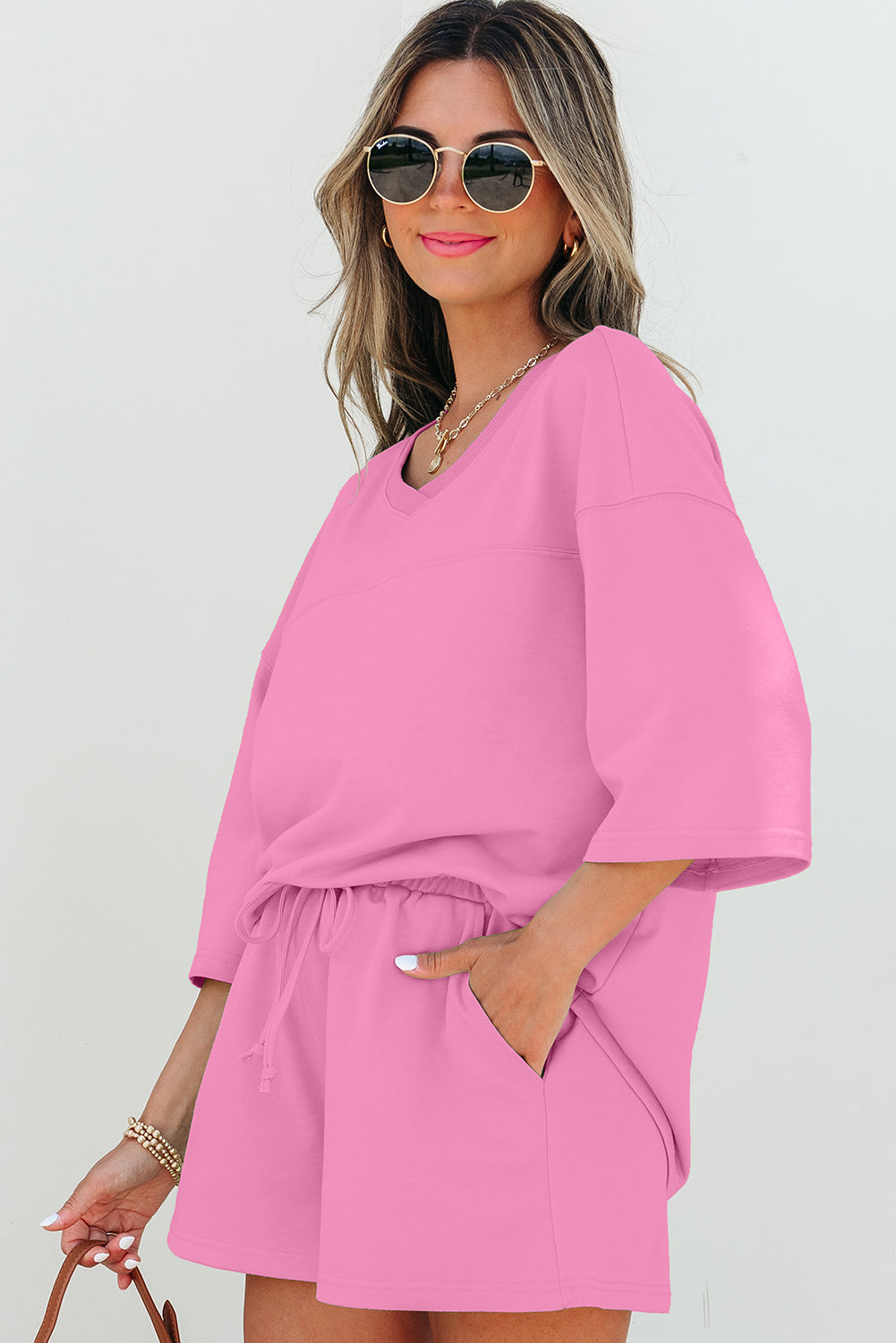 “Larissa” Set. Loose V Neck Half Sleeve Oversized Tee & Shorts