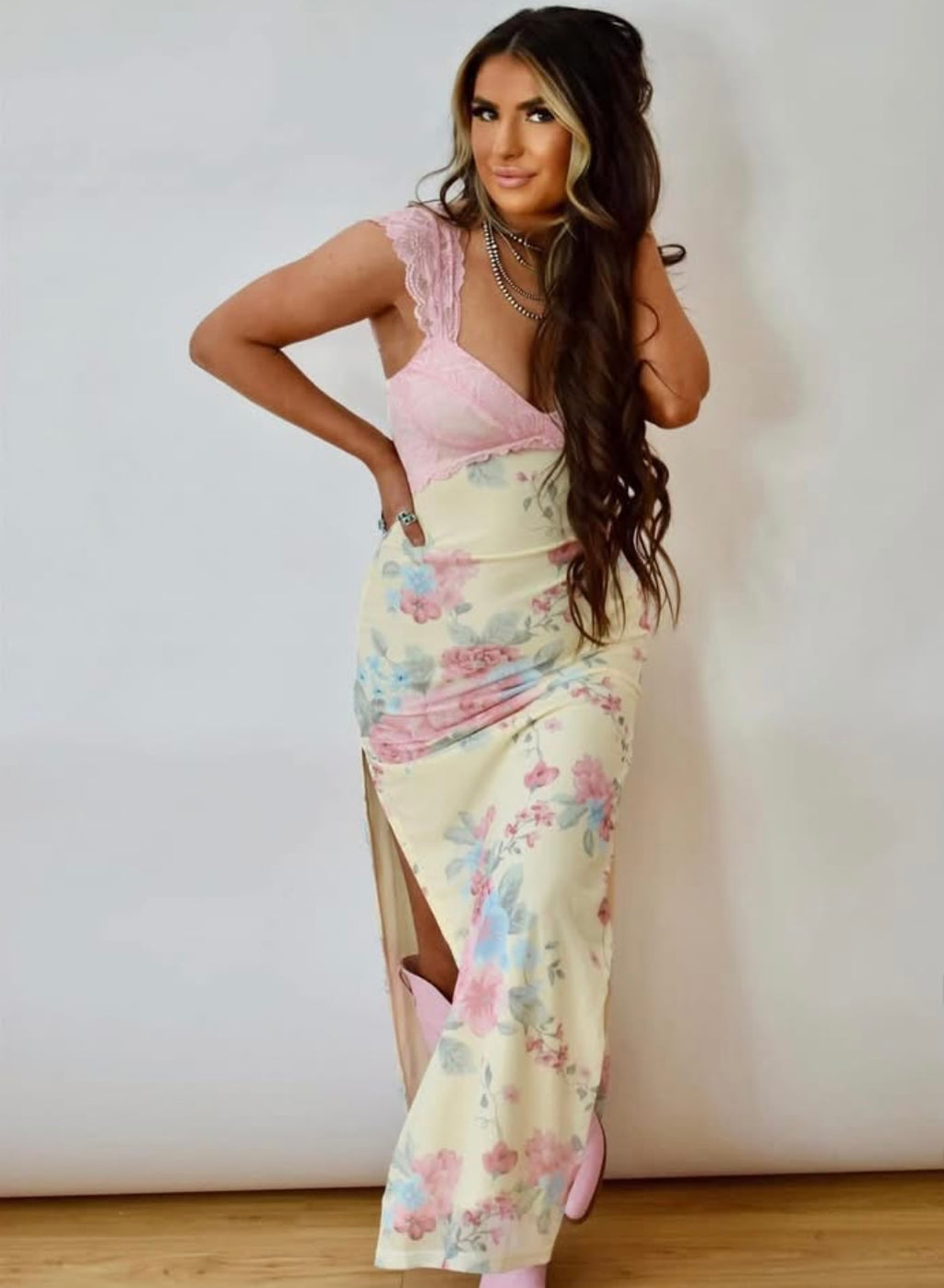 “Alexis” mesh floral print lace detail side slit maxi dress. PRE-ORDER. Ships June 5th!