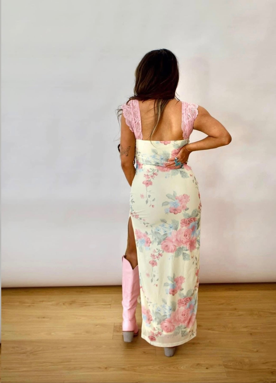 “Alexis” mesh floral print lace detail side slit maxi dress. PRE-ORDER. Ships June 5th!