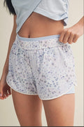 “Amelia” blue patchwork print double layer nylon shorts. PRE-ORDER. ships June 30th!