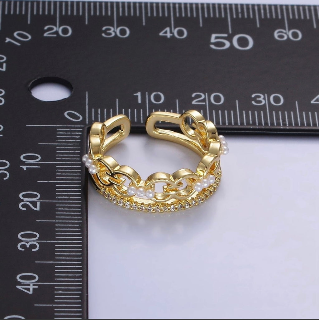14K Gold Filled Triple Pearl Link Micro Paved Cz Double Band Ring