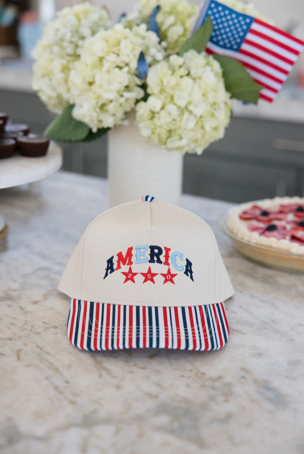 “America 250” red white & blue striped hat