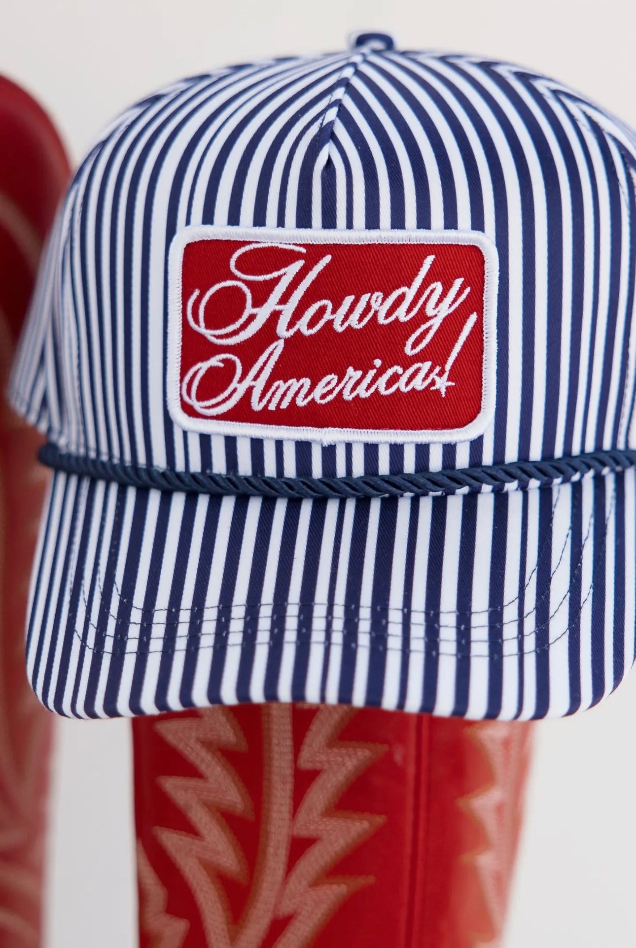 “howdy america” blue striped patch hat