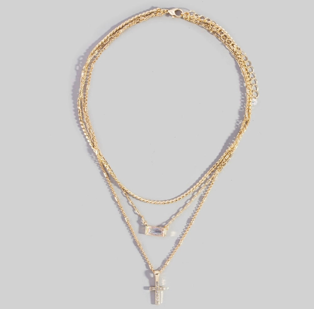 Triple layered chain pave cross pendant necklace