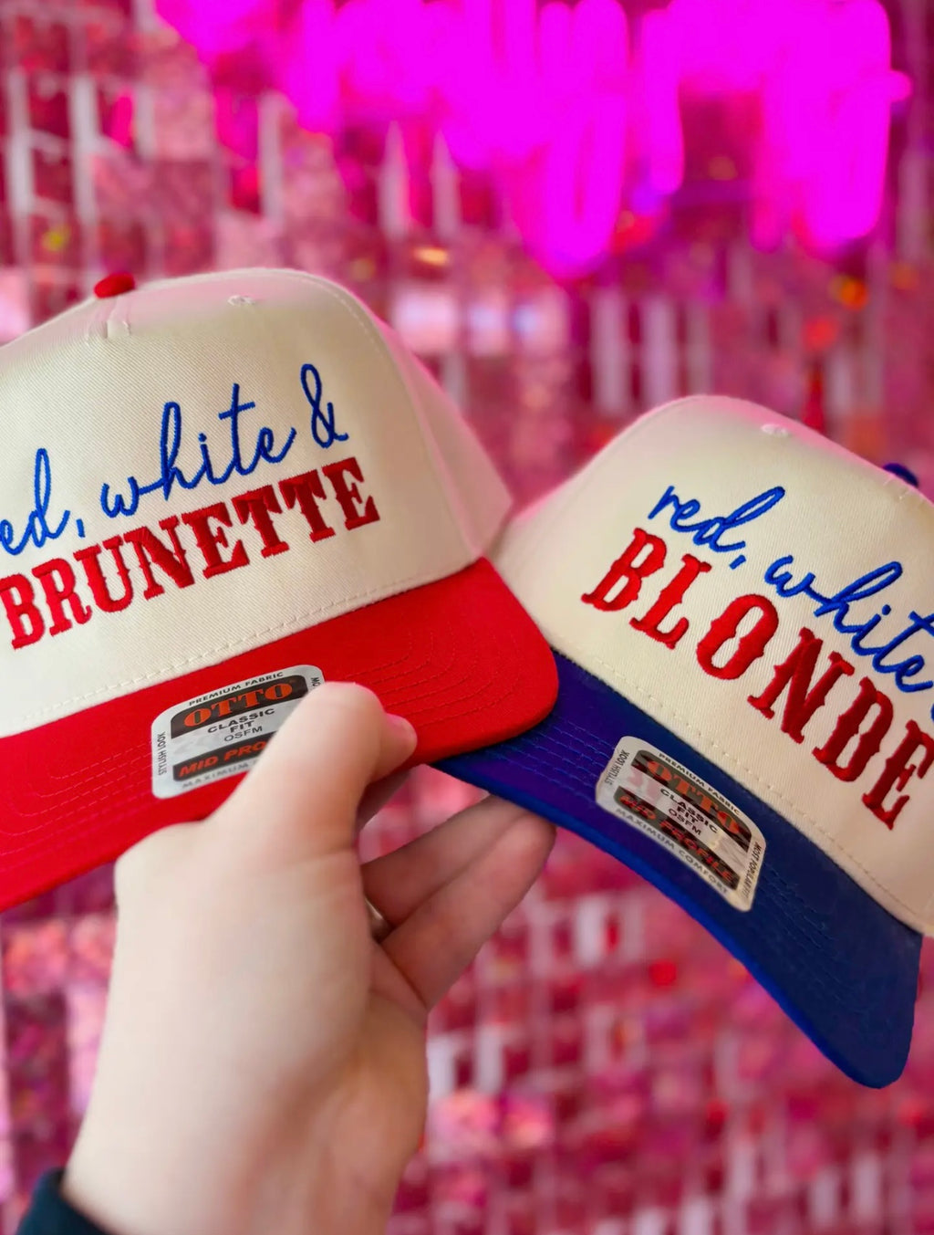 red white & blonde/brunette trucker hat
