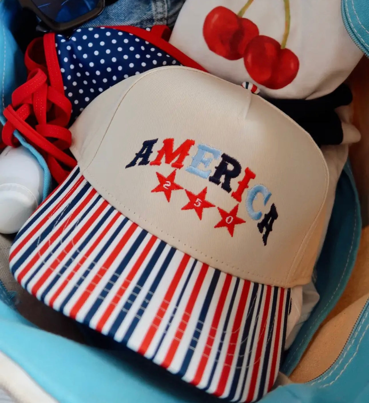 “America 250” red white & blue striped hat
