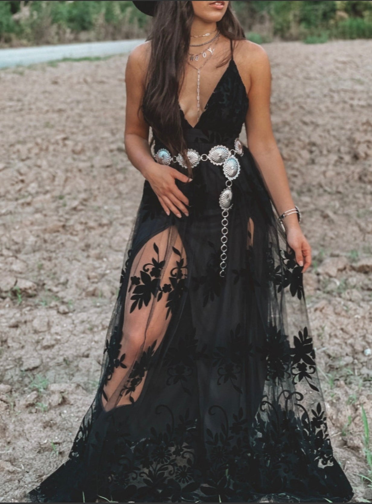 “midnight flare” lace boho dress. RTS