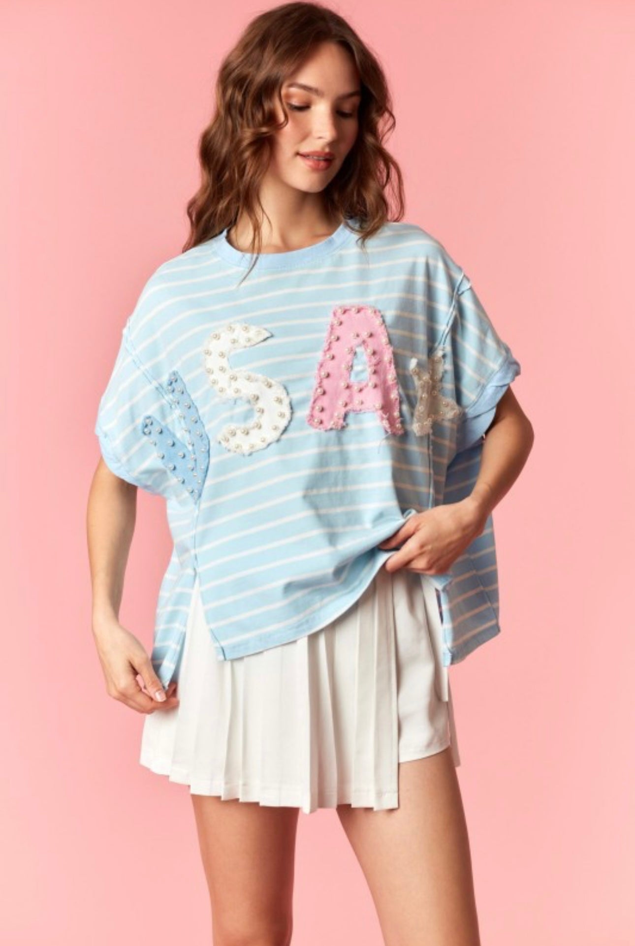 “Lilly” pearl USA striped/color block top w/ Star Patch