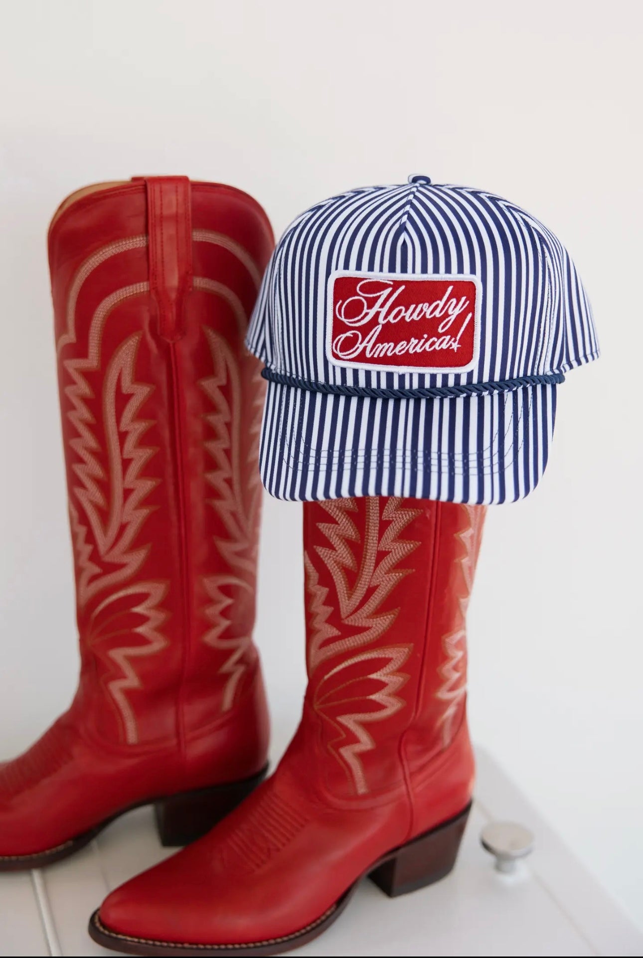 “howdy america” blue striped patch hat