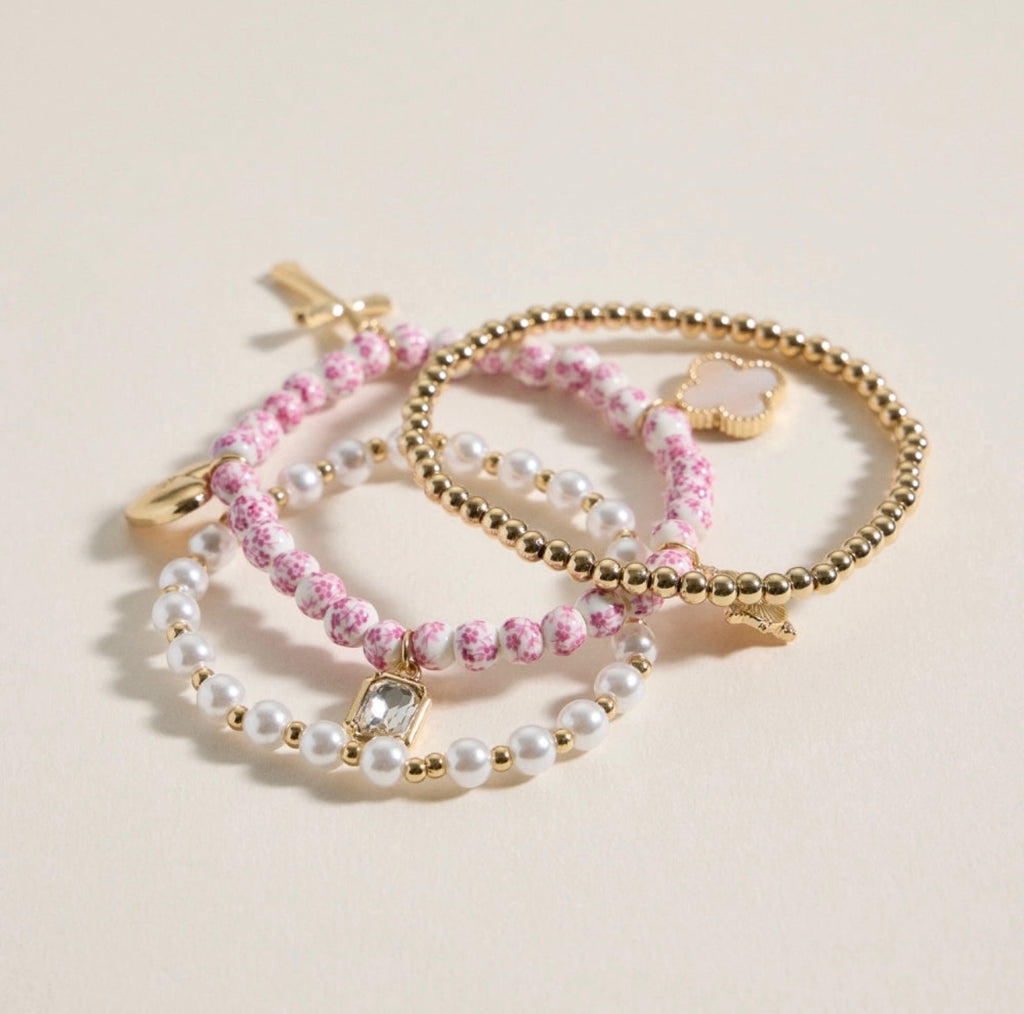 Floral Charm Stretch Bracelet Set