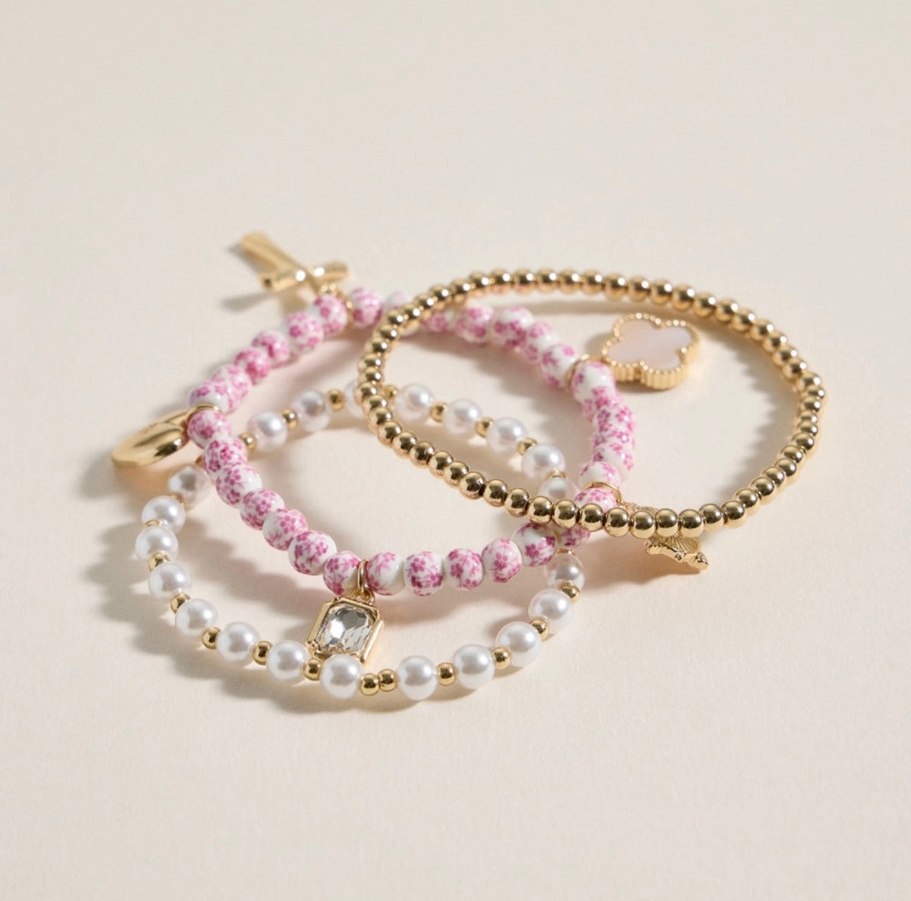 Floral Charm Stretch Bracelet Set