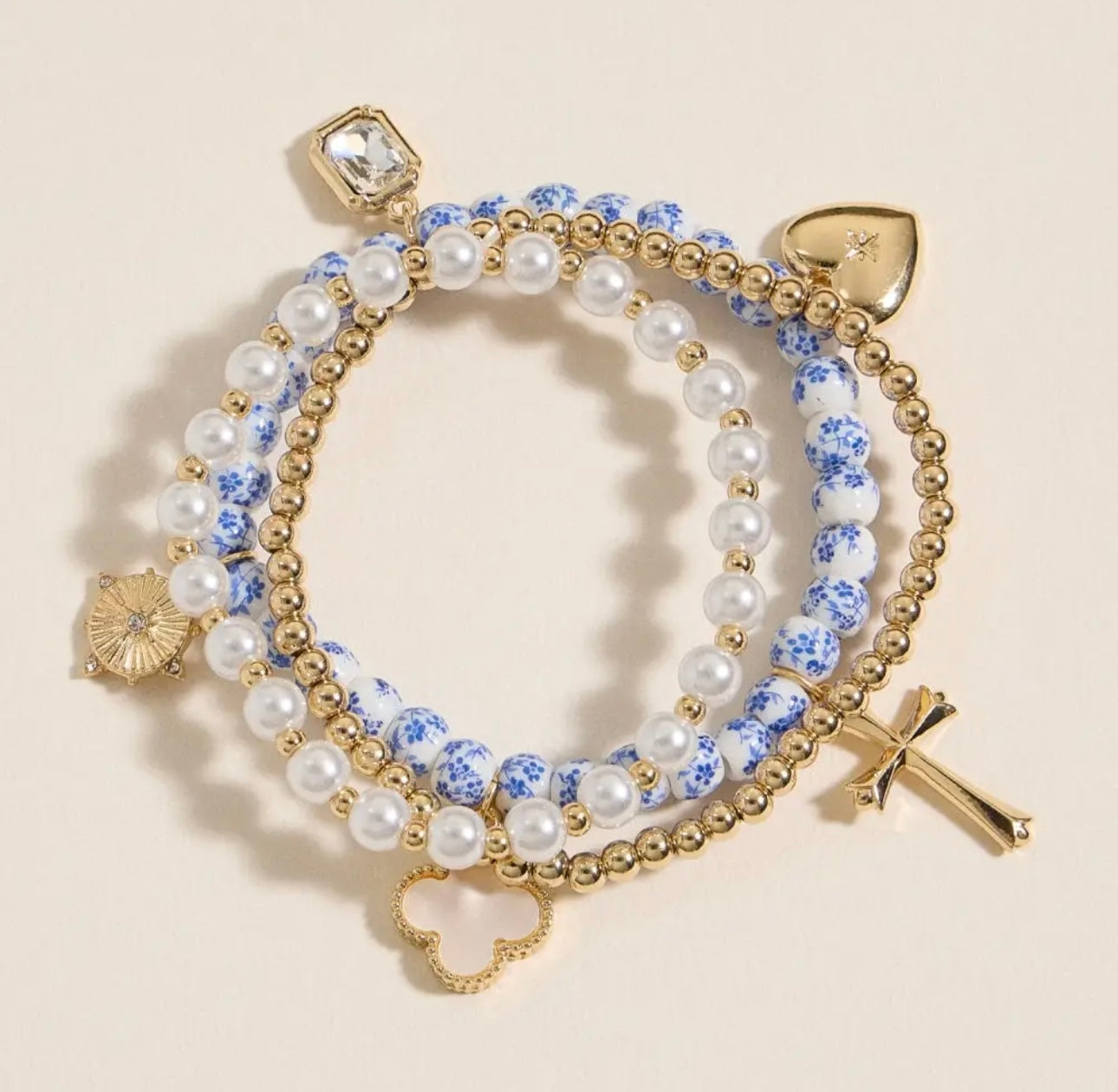 Floral Charm Stretch Bracelet Set