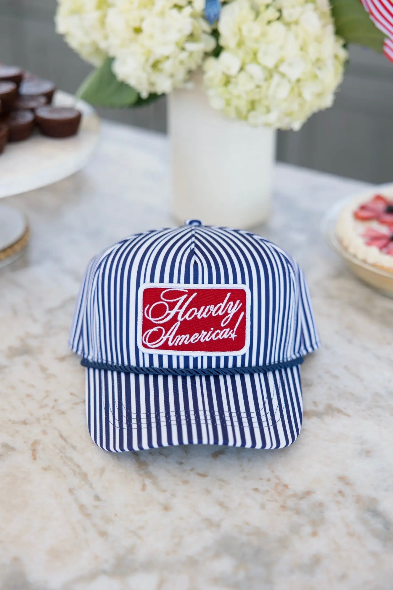 “howdy america” blue striped patch hat