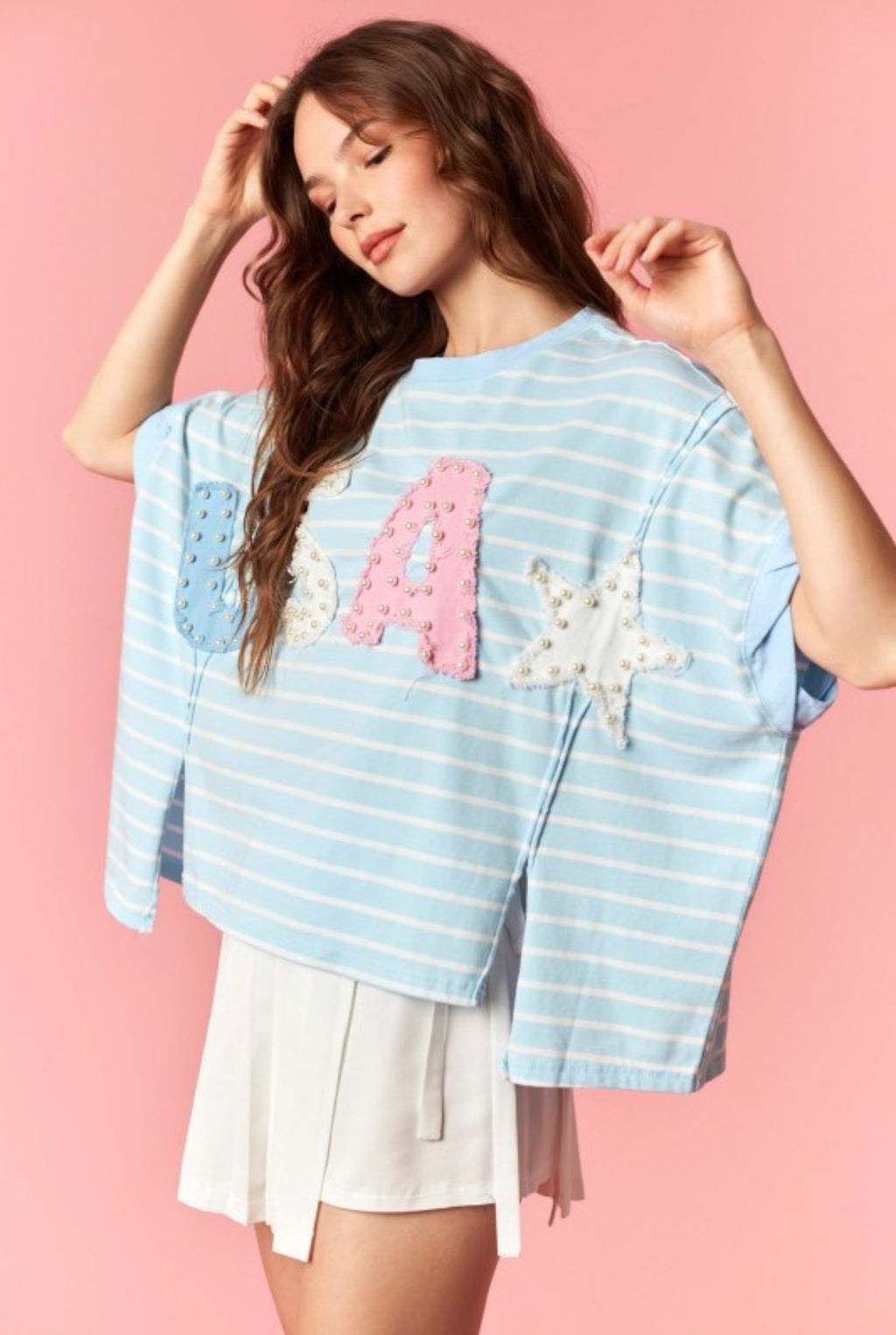 “Lilly” pearl USA striped/color block top w/ Star Patch