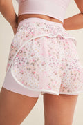 “Amelia” pink patchwork print double layer nylon shorts. PRE-ORDER ships June 30th!