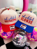 red white & blonde/brunette trucker hat