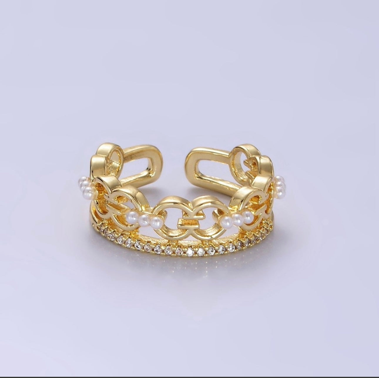 14K Gold Filled Triple Pearl Link Micro Paved Cz Double Band Ring
