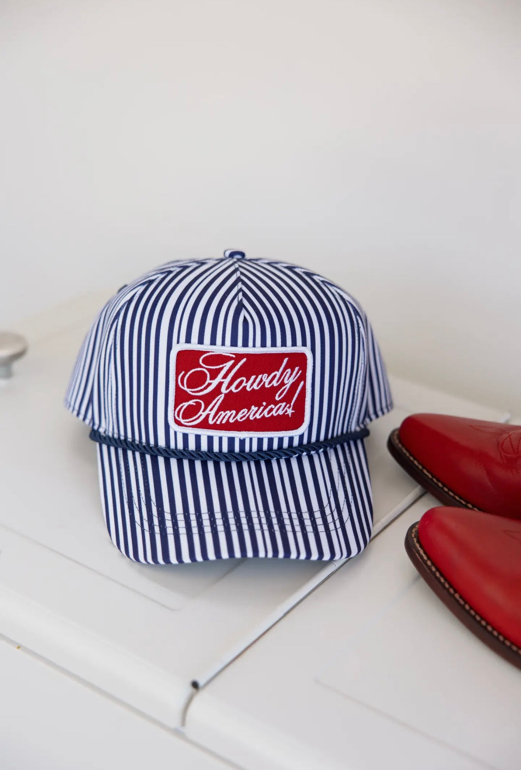 “howdy america” blue striped patch hat