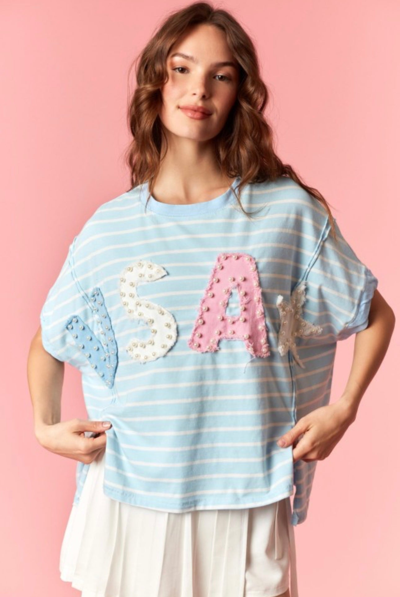 “Lilly” pearl USA striped/color block top w/ Star Patch