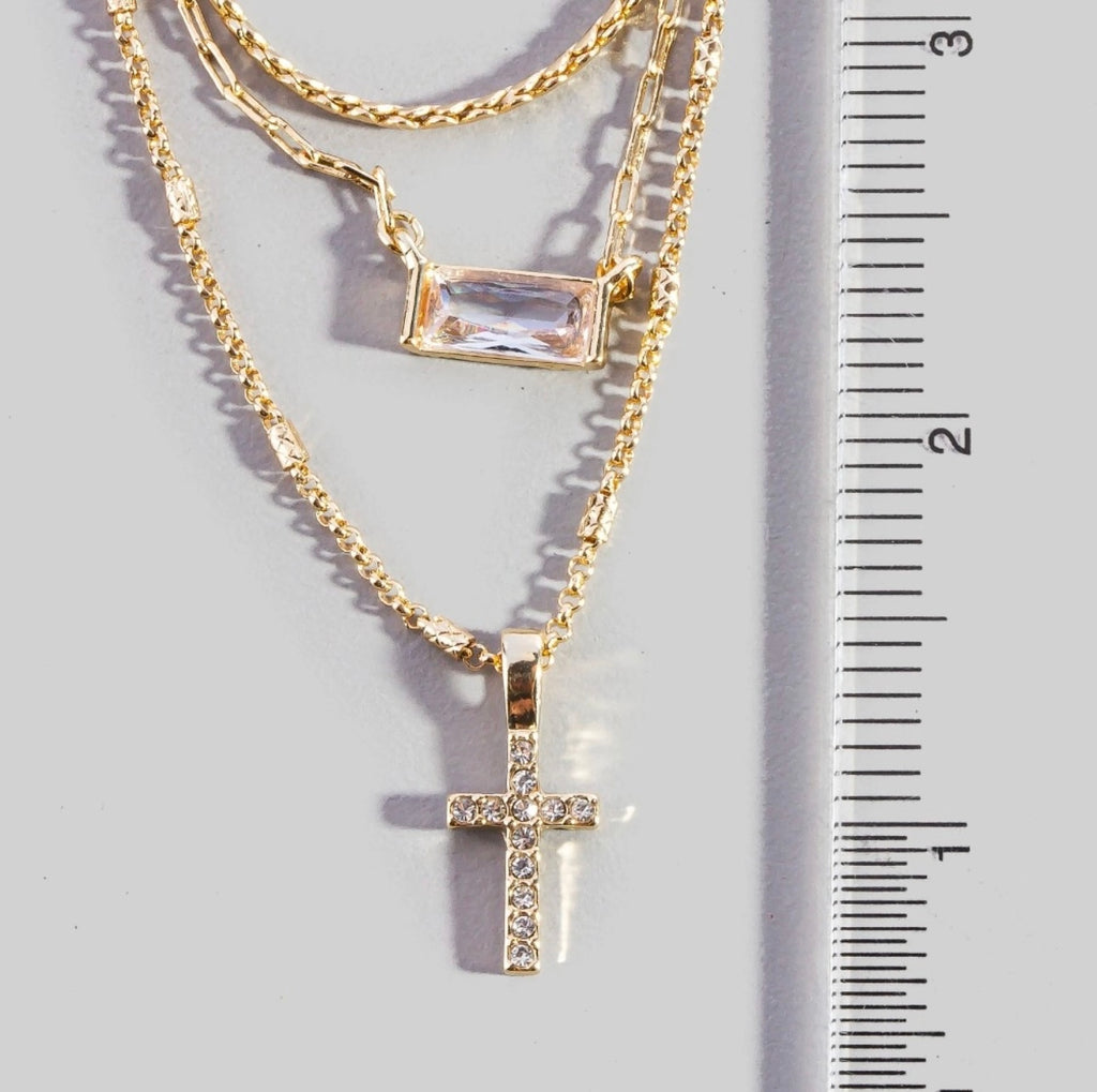 Triple layered chain pave cross pendant necklace