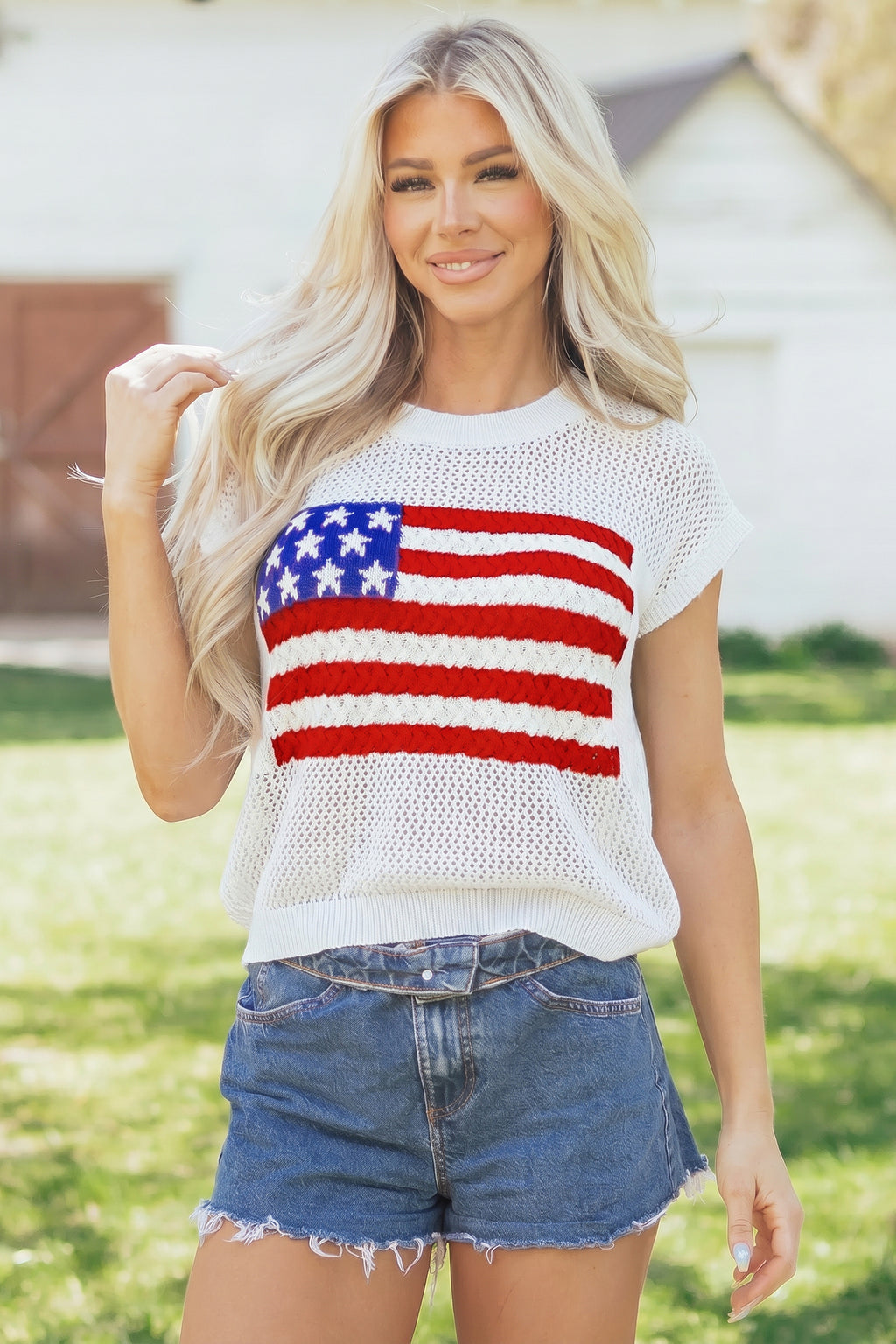 “Flag’s & Freedom” Graphic Short Sleeve Sweater Top