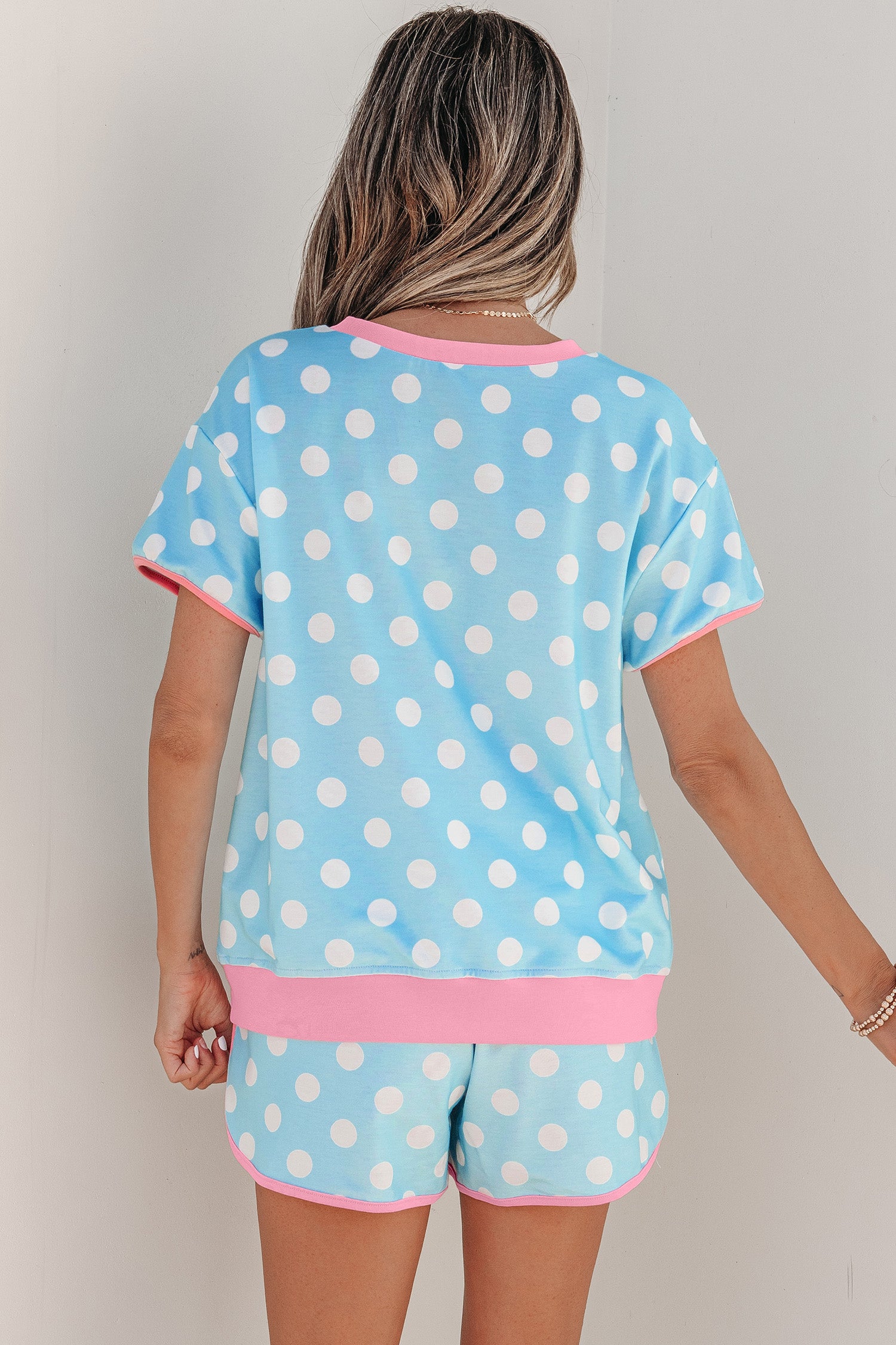 “She’s a preppy gal” Blue/Pink Polka Dot Casual Tee & Short Set