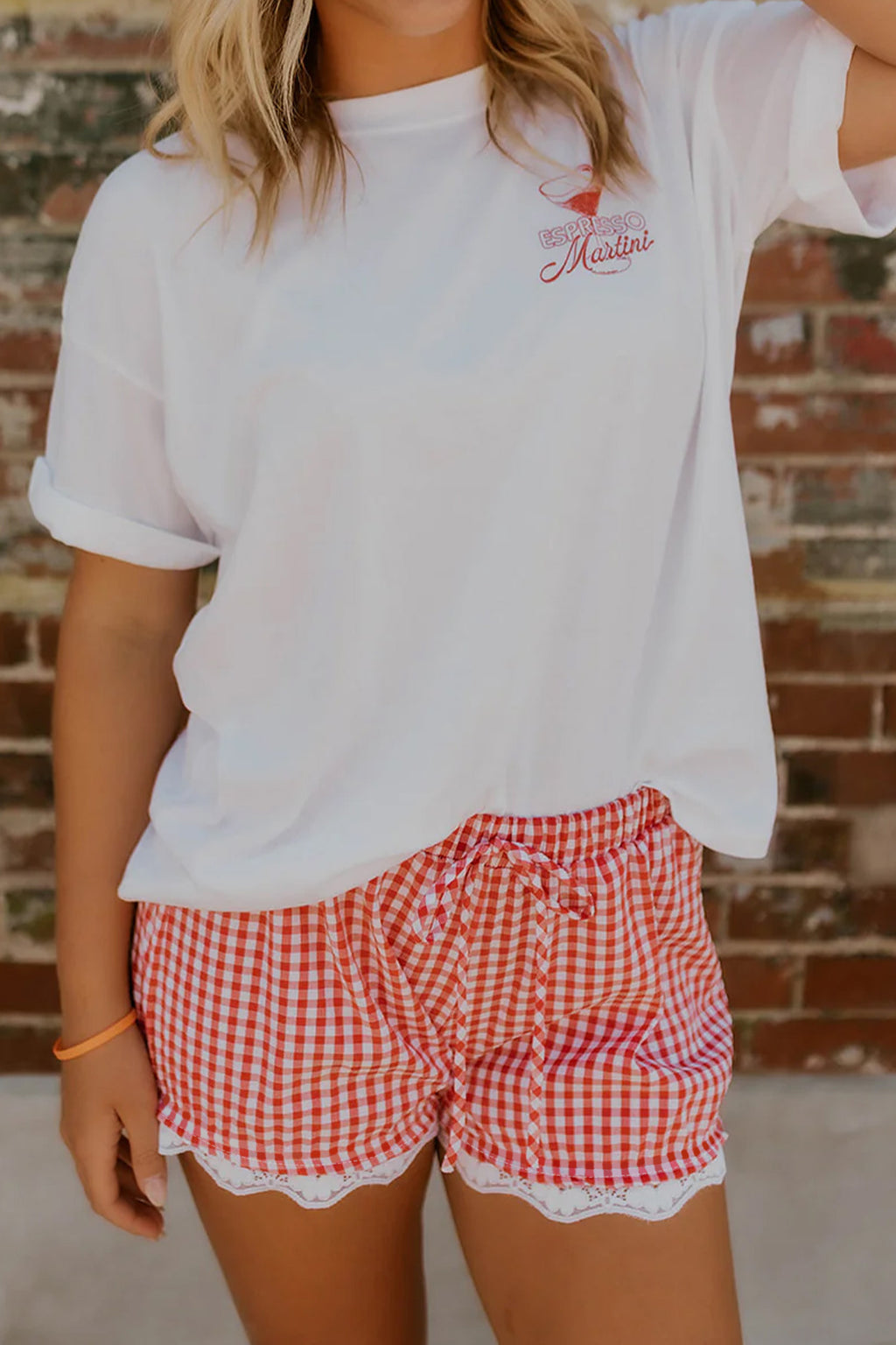 “Molly” Red Gingham & Lace Casual Shorts