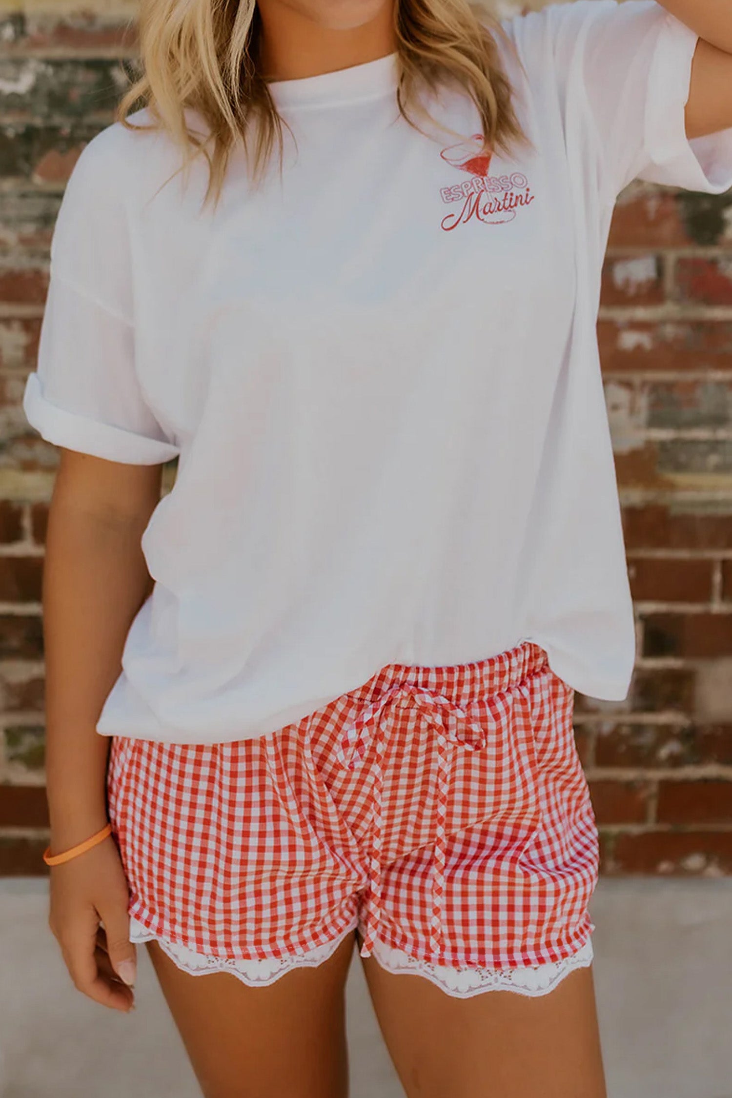 “Molly” Red Gingham & Lace Casual Shorts