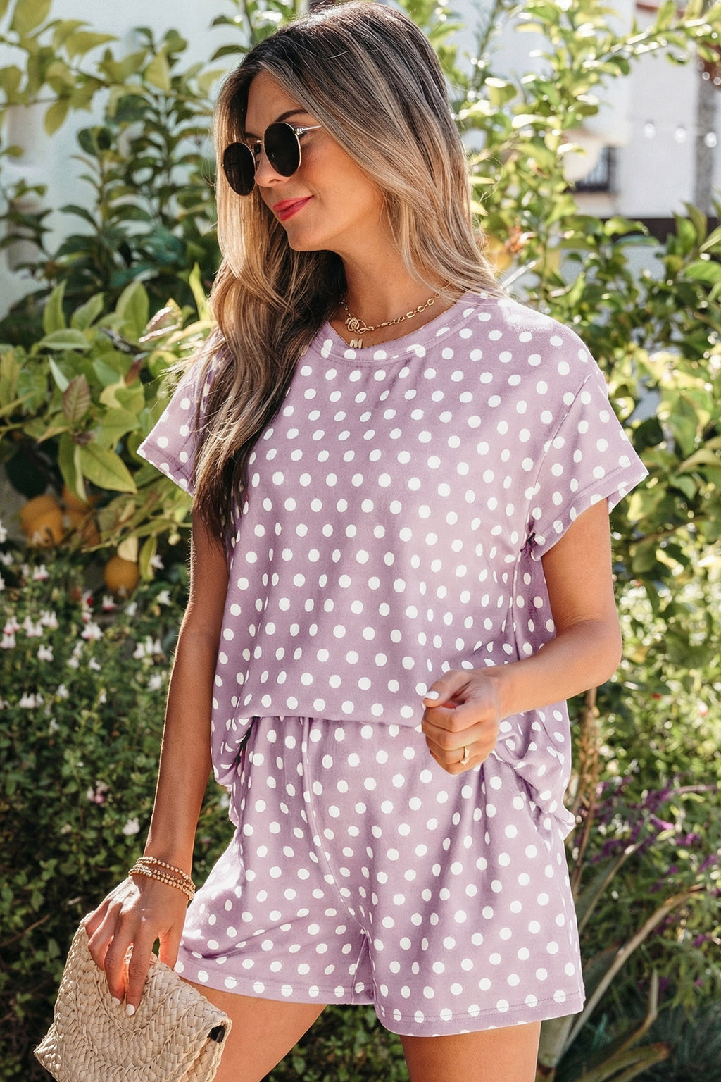 “Abby” Polka Dot Print Tee & Short Set