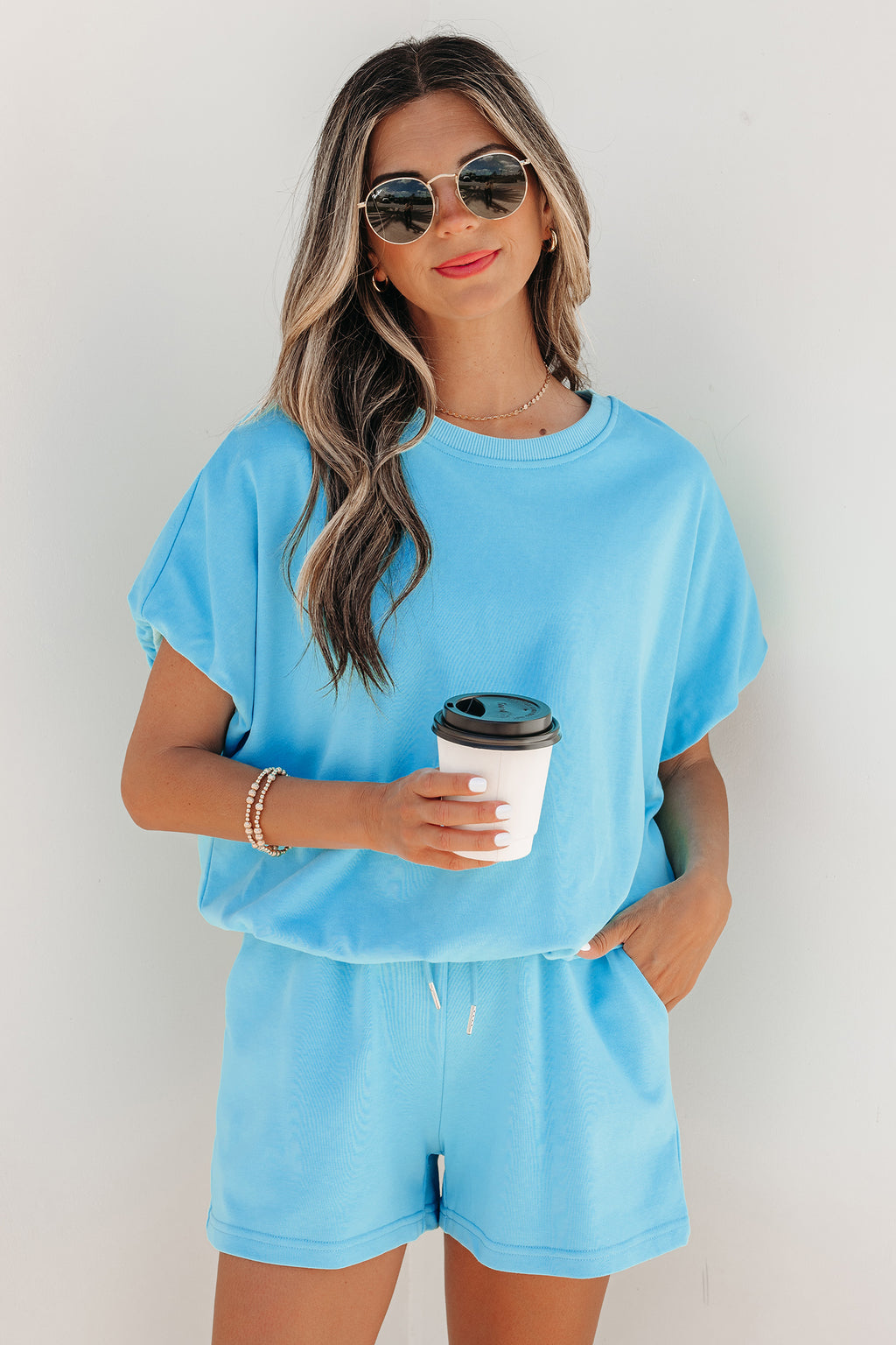 “Brunch on me!” Solid Color Bubble Loose Top & Drawstring Shorts 2pcs Outfit