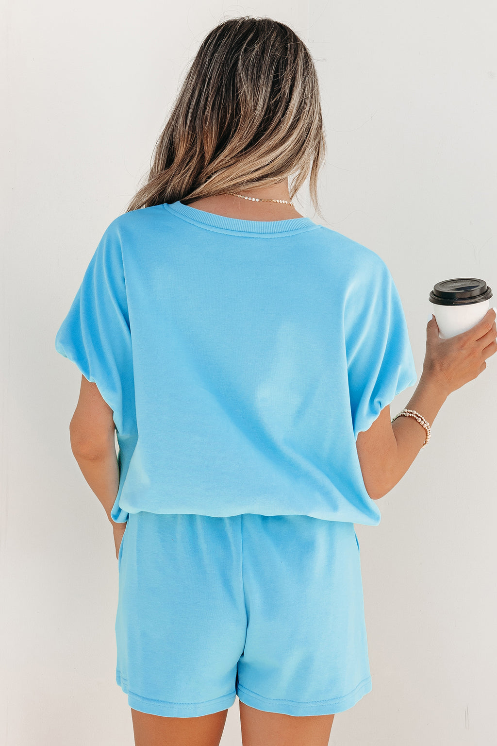“Brunch on me!” Solid Color Bubble Loose Top & Drawstring Shorts 2pcs Outfit