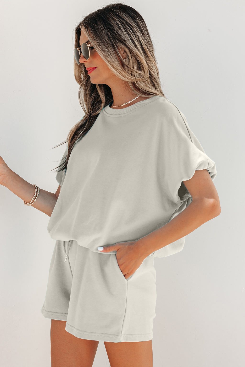 “Brunch on me!” Solid Color Bubble Loose Top & Drawstring Shorts 2pcs Outfit