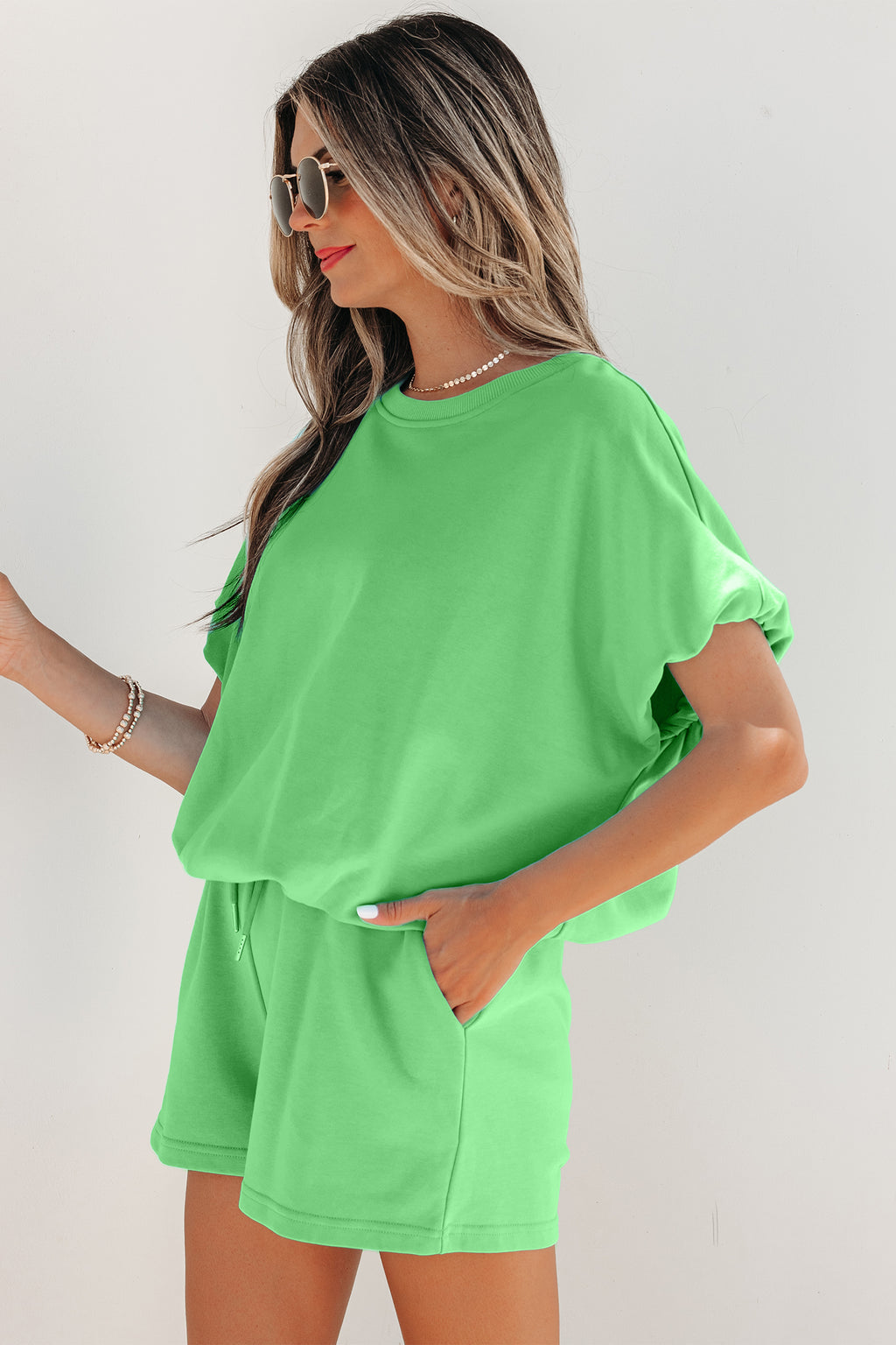 “Brunch on me!” Solid Color Bubble Loose Top & Drawstring Shorts 2pcs Outfit
